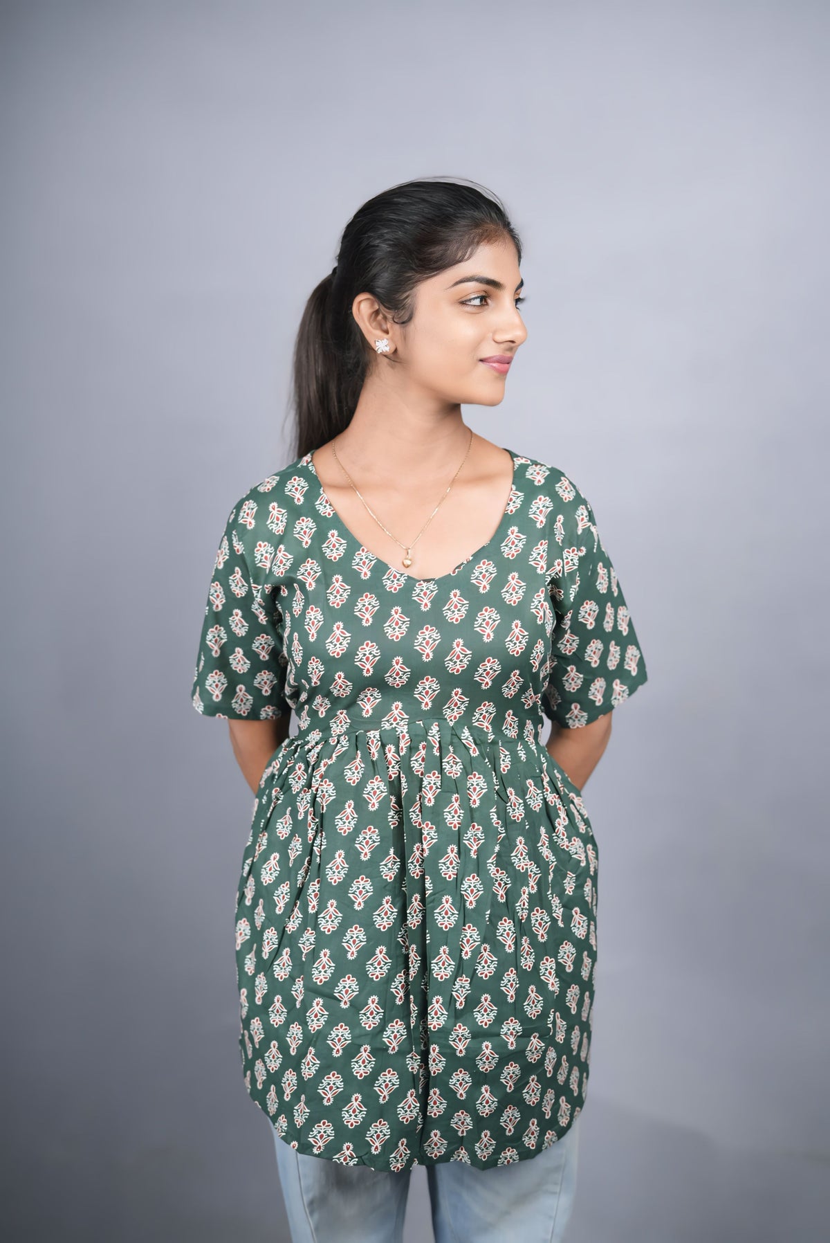Green Cotton Peplum Top