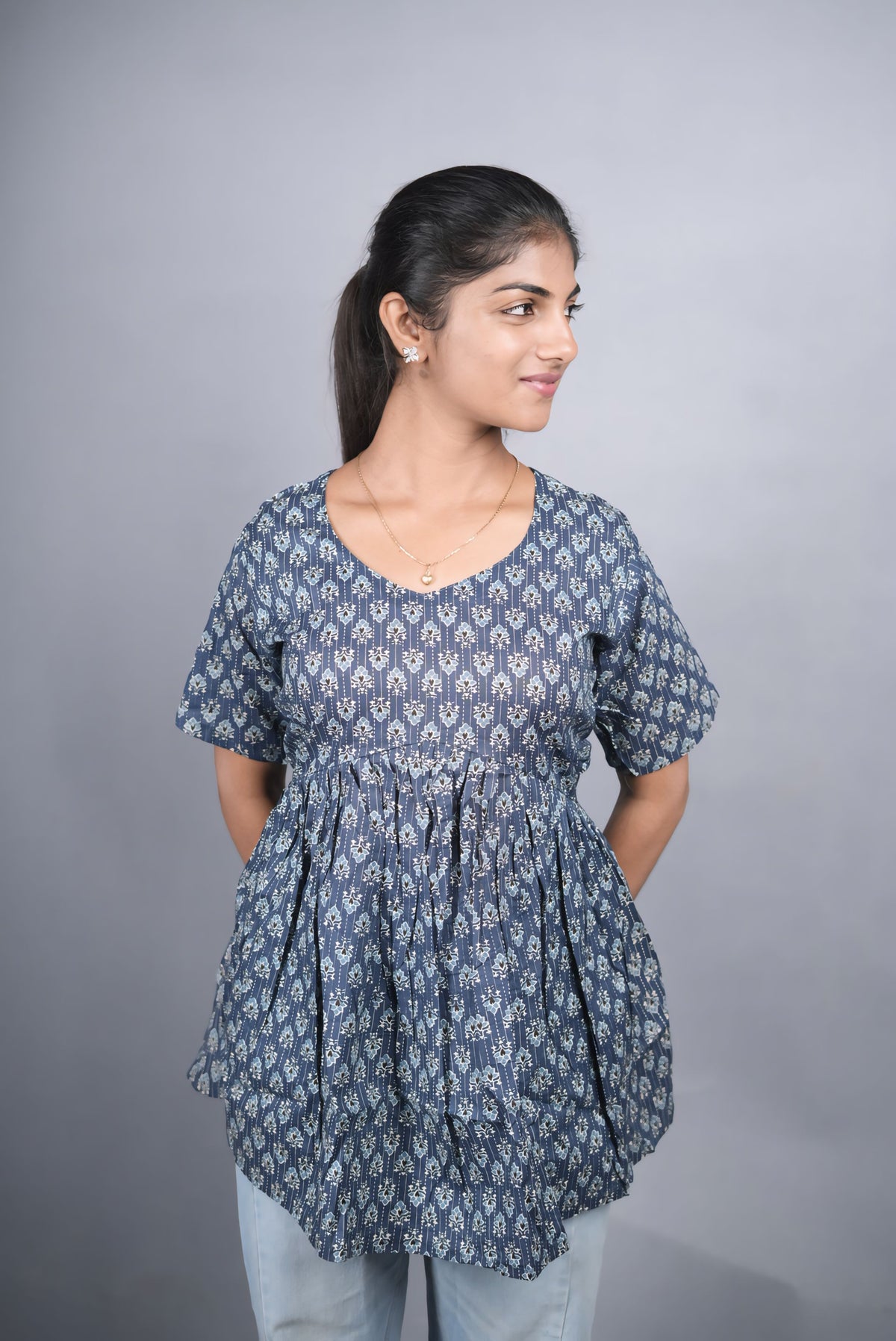Blue Cotton Peplum Top