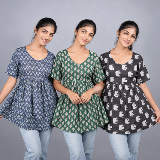 Cotton peplum tops three-piece combo in blue, green and black