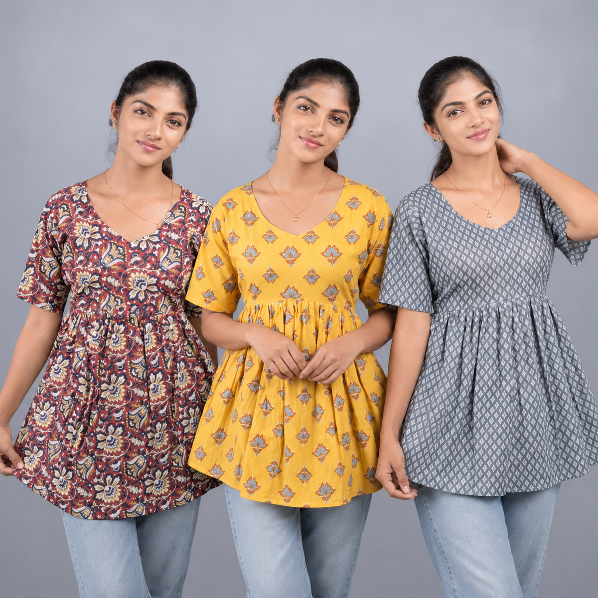 Cotton peplum tops three-piece combo in red, yellow and grey