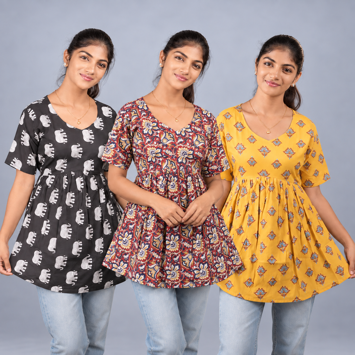 Cotton peplum tops three-piece combo in black, red and yellow