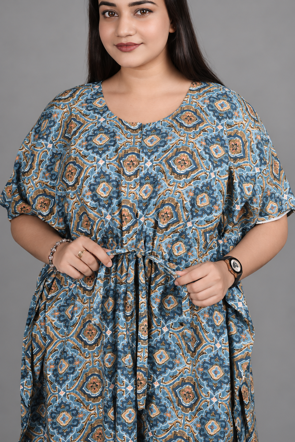 Kaftan – Ajrak Blue adjustable drawstring close-up