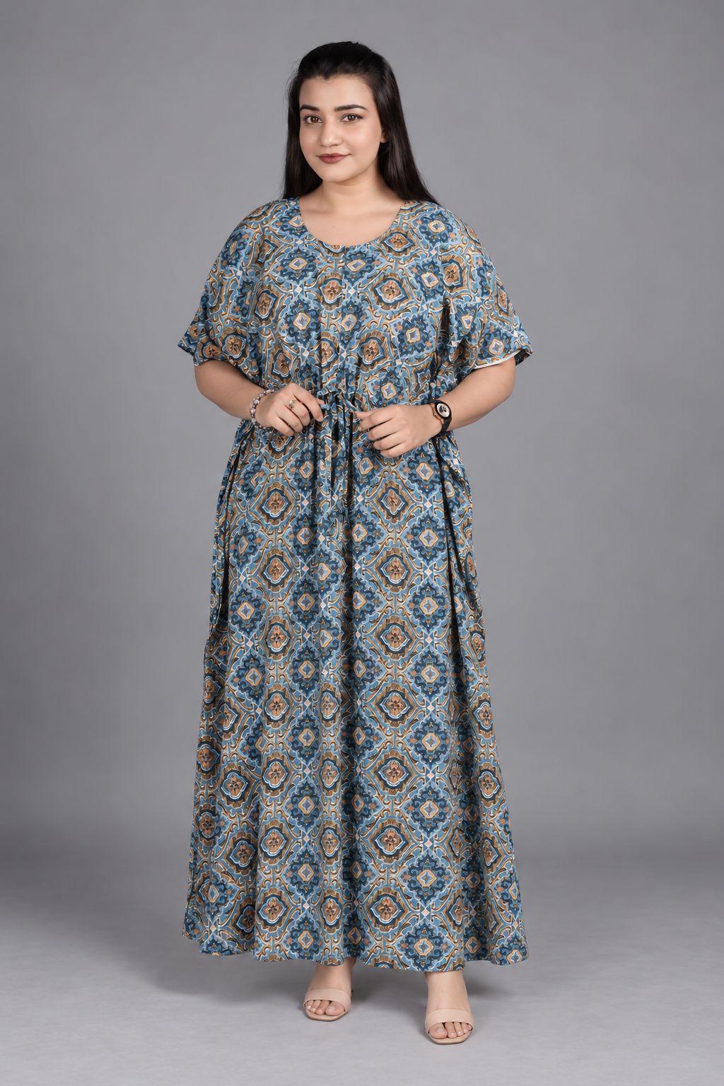 Kaftan – Ajrak Blue full-length front view