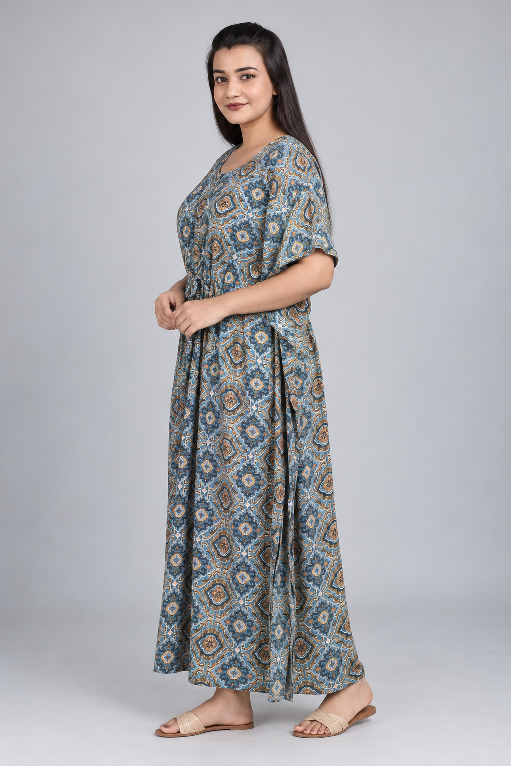 Kaftan – Ajrak Blue full-length side view