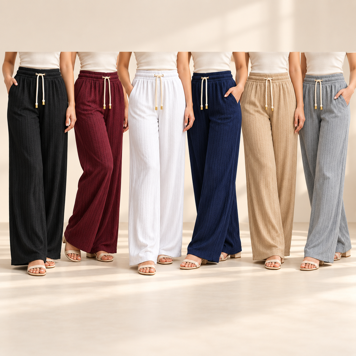Palazzo pants six-colour combo in black, wine, white, navy, beige and grey