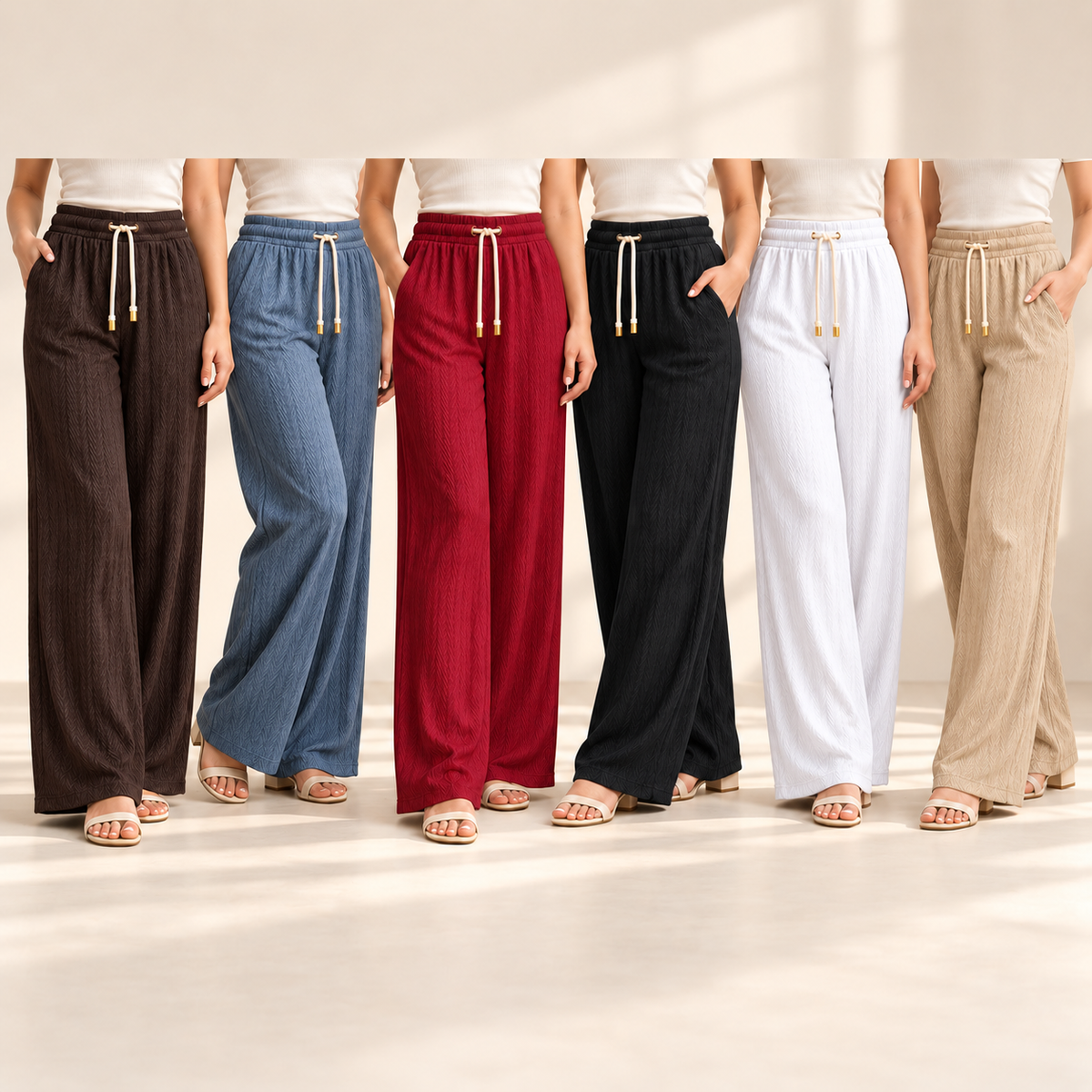 Palazzo pants six-colour combo in brown, steel blue, red, black, white and beige