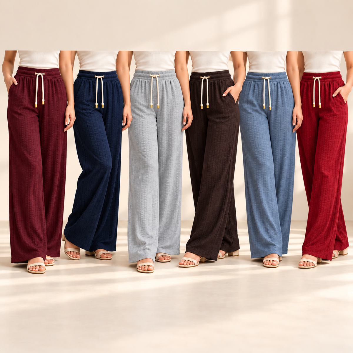 Palazzo pants six-colour combo in wine, navy, grey, brown, steel blue and red