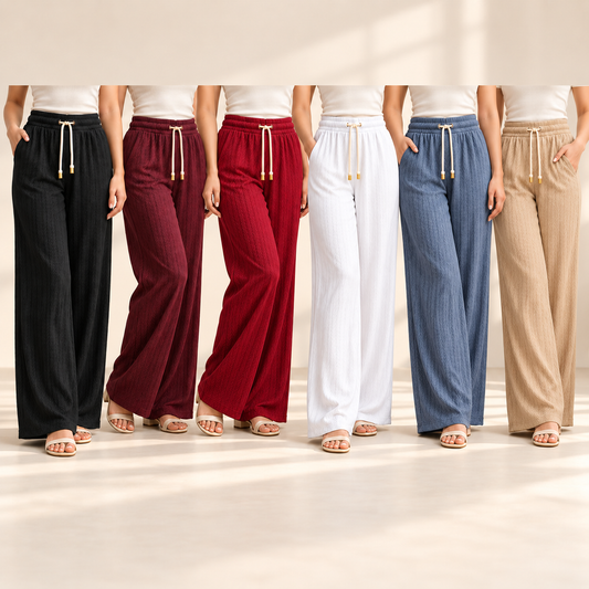 Palazzo pants six-colour combo in black, wine, red, white, steel blue and beige