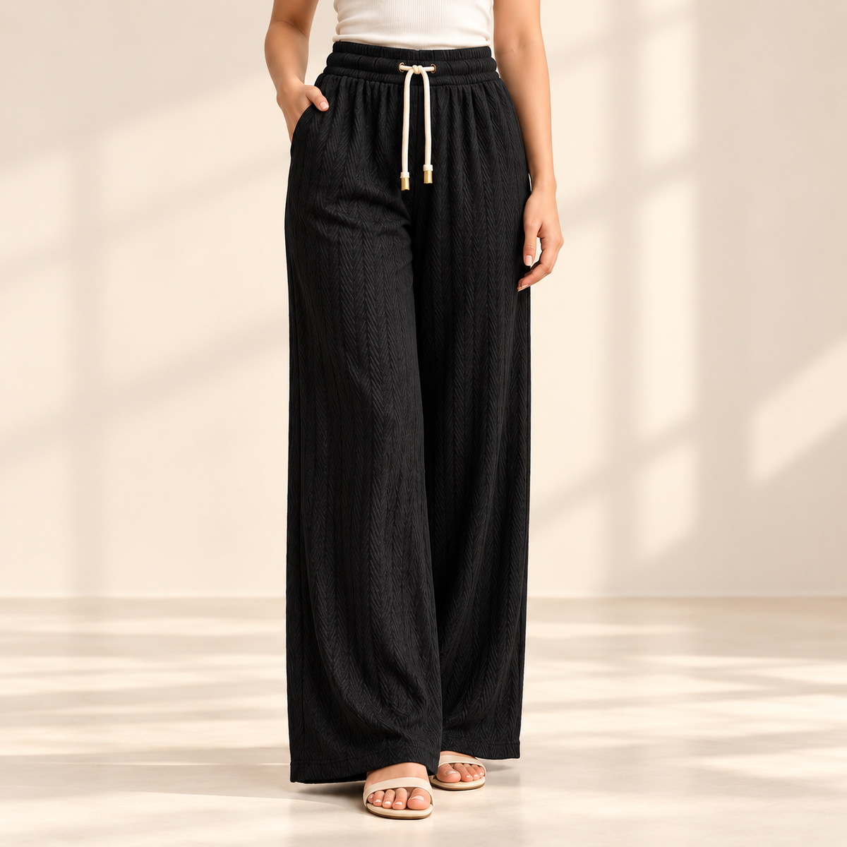 Sana Outfits black palazzo pants worn by model