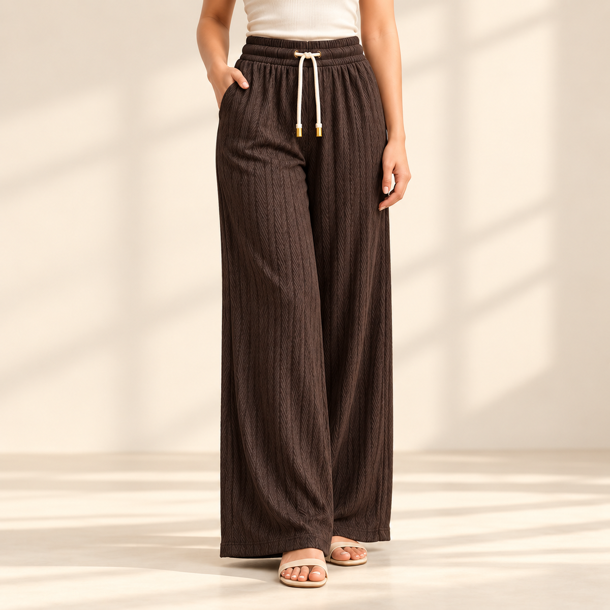 Sana Outfits brown palazzo pants worn by model