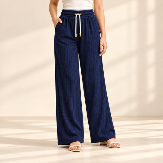 Sana Outfits navy blue palazzo pants worn by model