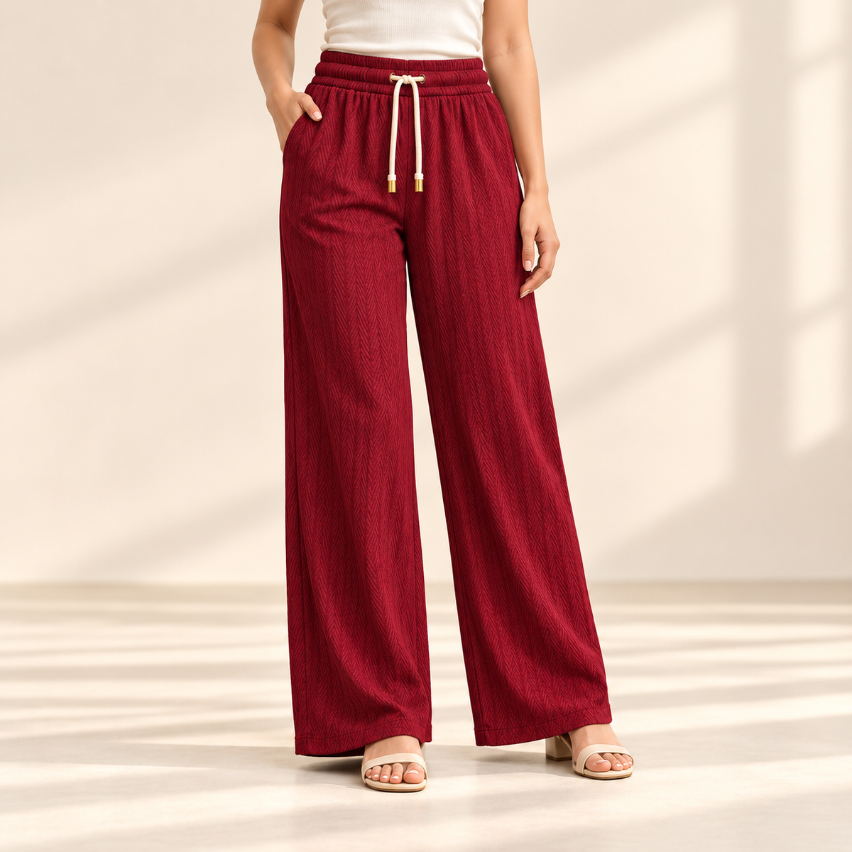 Sana Outfits red palazzo pants worn by model