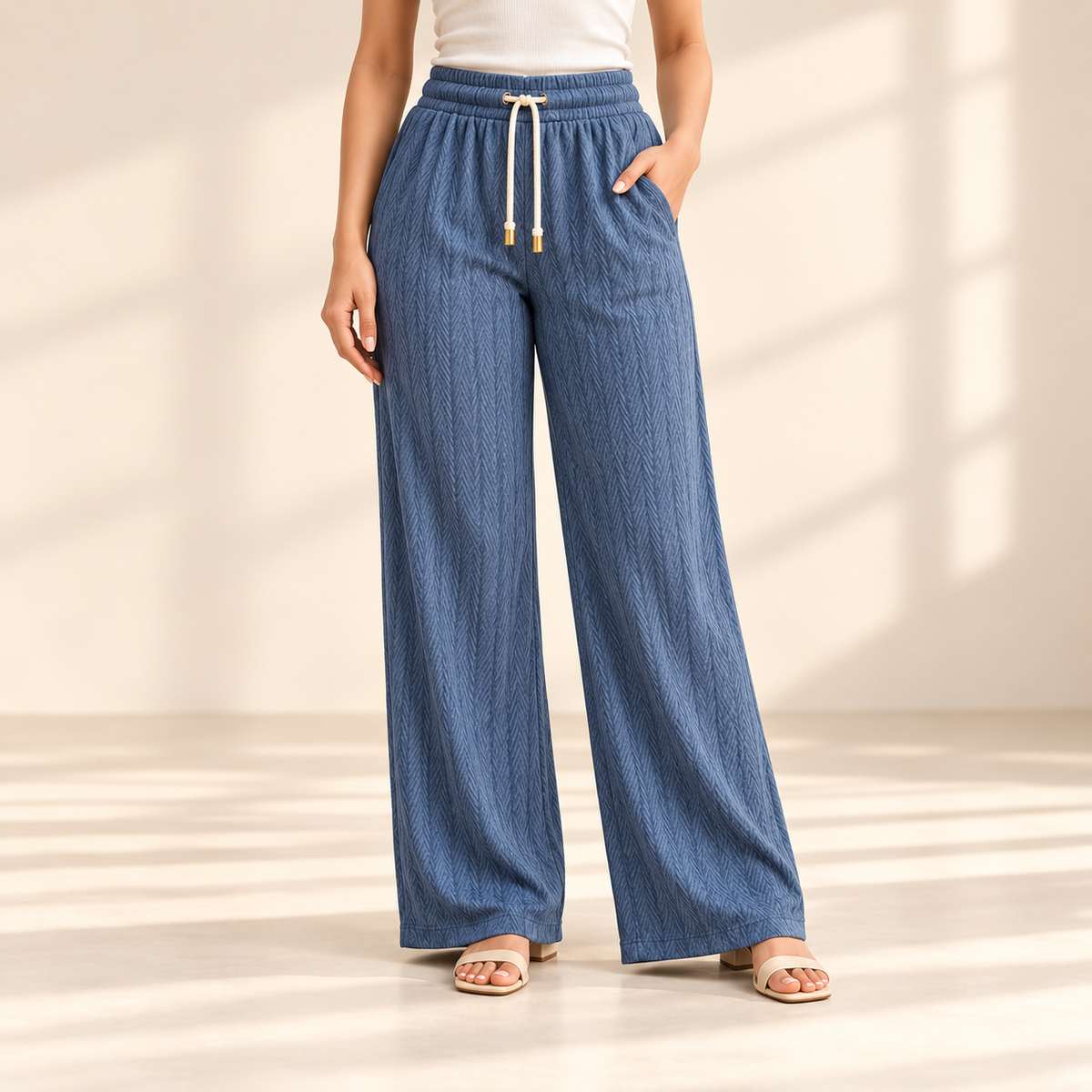Sana Outfits steel blue palazzo pants worn by model