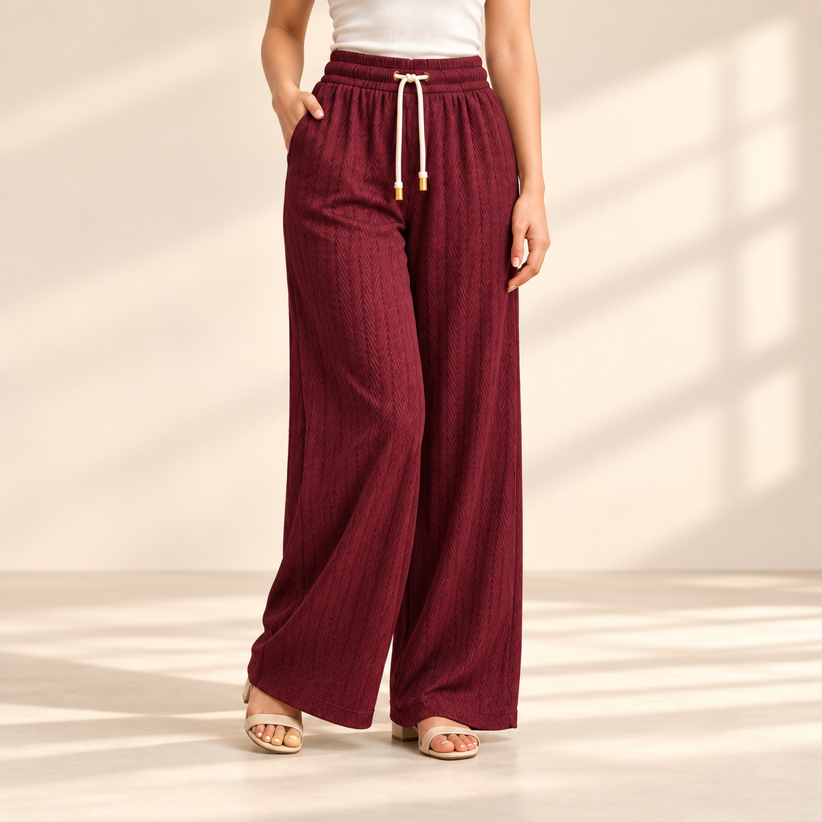 Sana Outfits wine palazzo pants worn by model